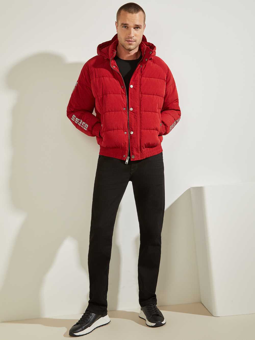 Red Men's Guess Summit Nylon Ski Puffer Jackets Australia Sale | 987GANESM