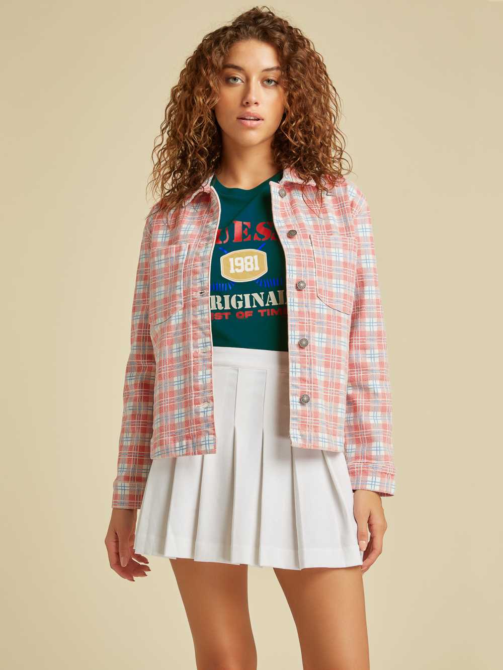 Red Multicolor Women\'s Guess Originals Plaid Denim Jackets Australia Sale | 245PJNFTA