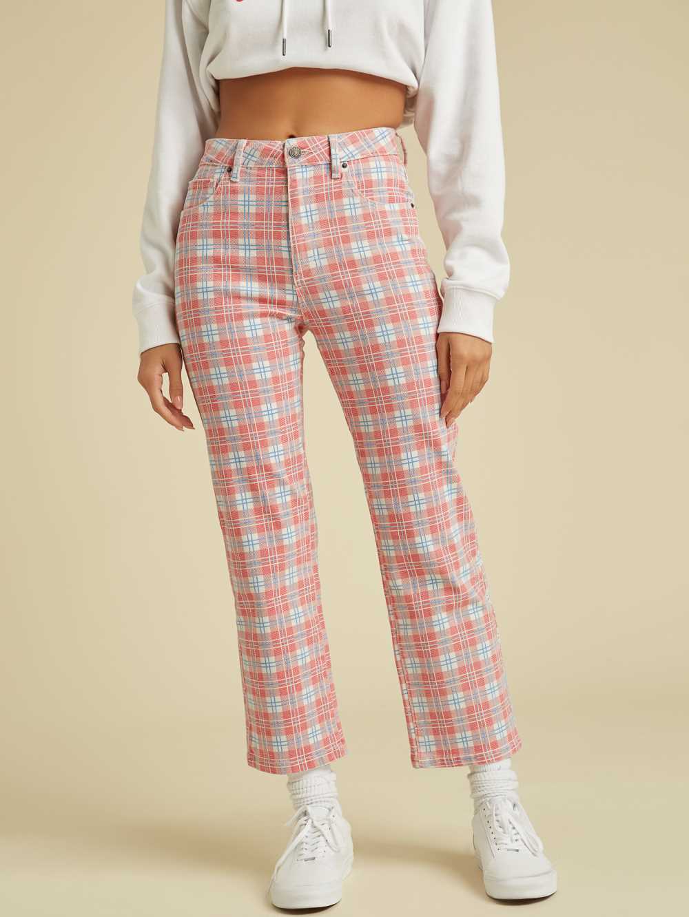 Red Multicolor Women\'s Guess Originals Plaid Mom Jeans Australia Sale | 527WRJDXK