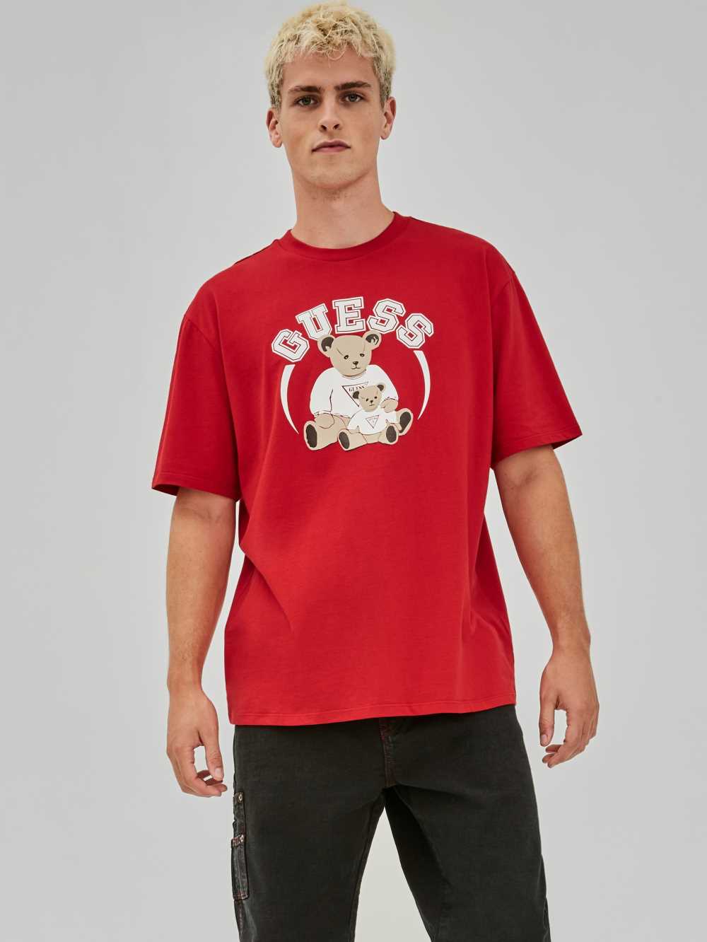 Red Pink Men's Guess Originals Bear T-shirt Australia Sale | 784YCGESL
