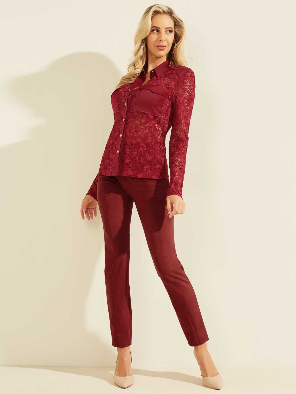 Red Women's Guess Corinne Lace Top Tops Australia Sale | 659MLZJFE