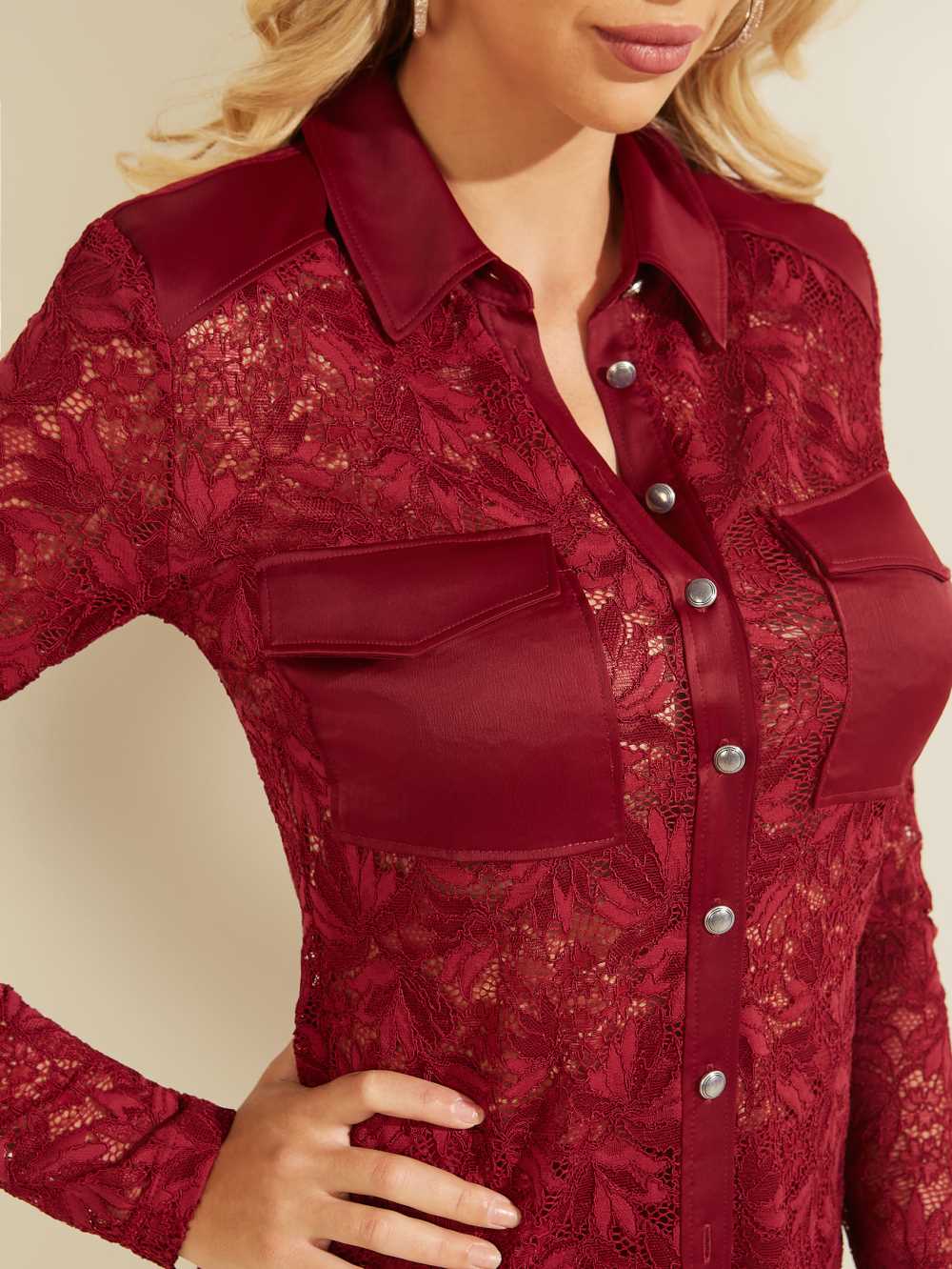 Red Women's Guess Corinne Lace Top Tops Australia Sale | 659MLZJFE