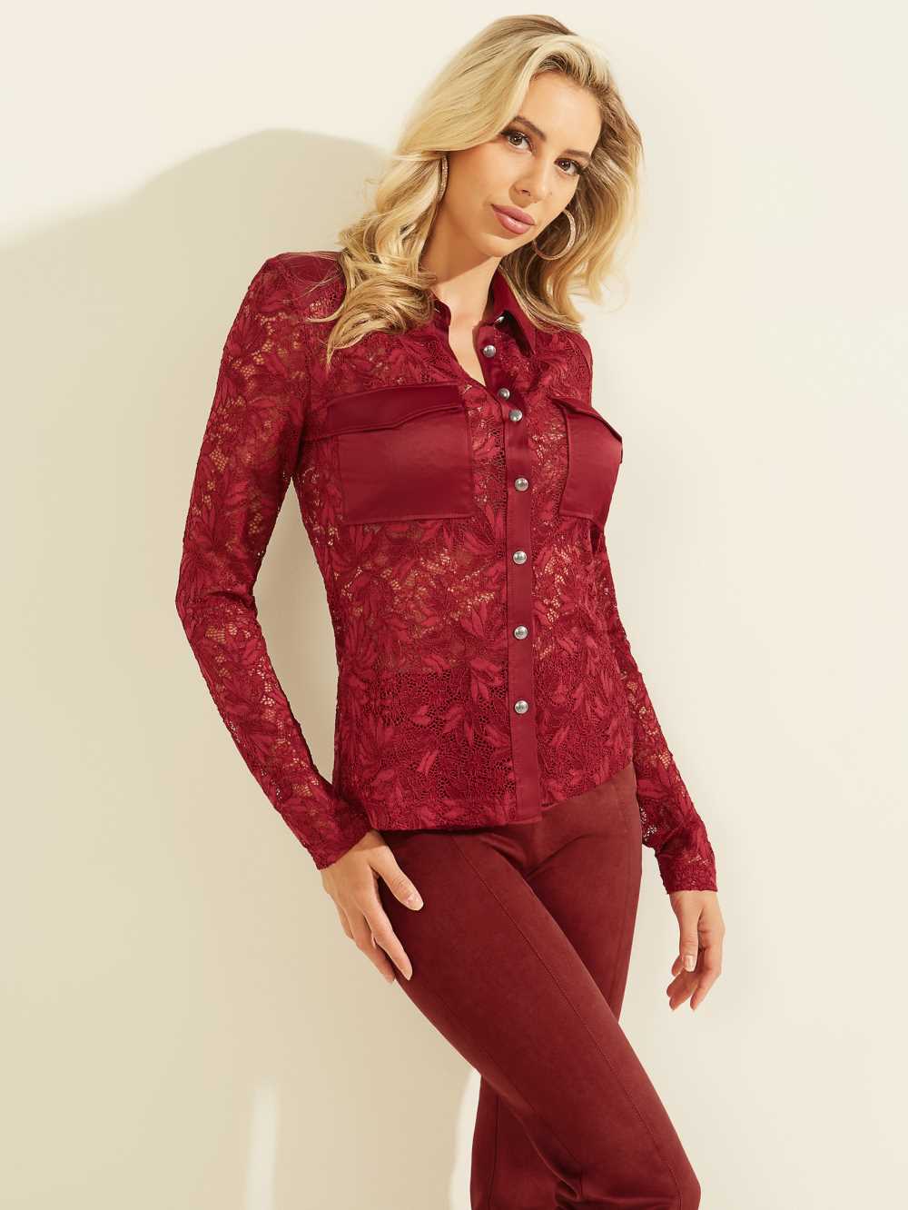 Red Women\'s Guess Corinne Lace Top Tops Australia Sale | 659MLZJFE