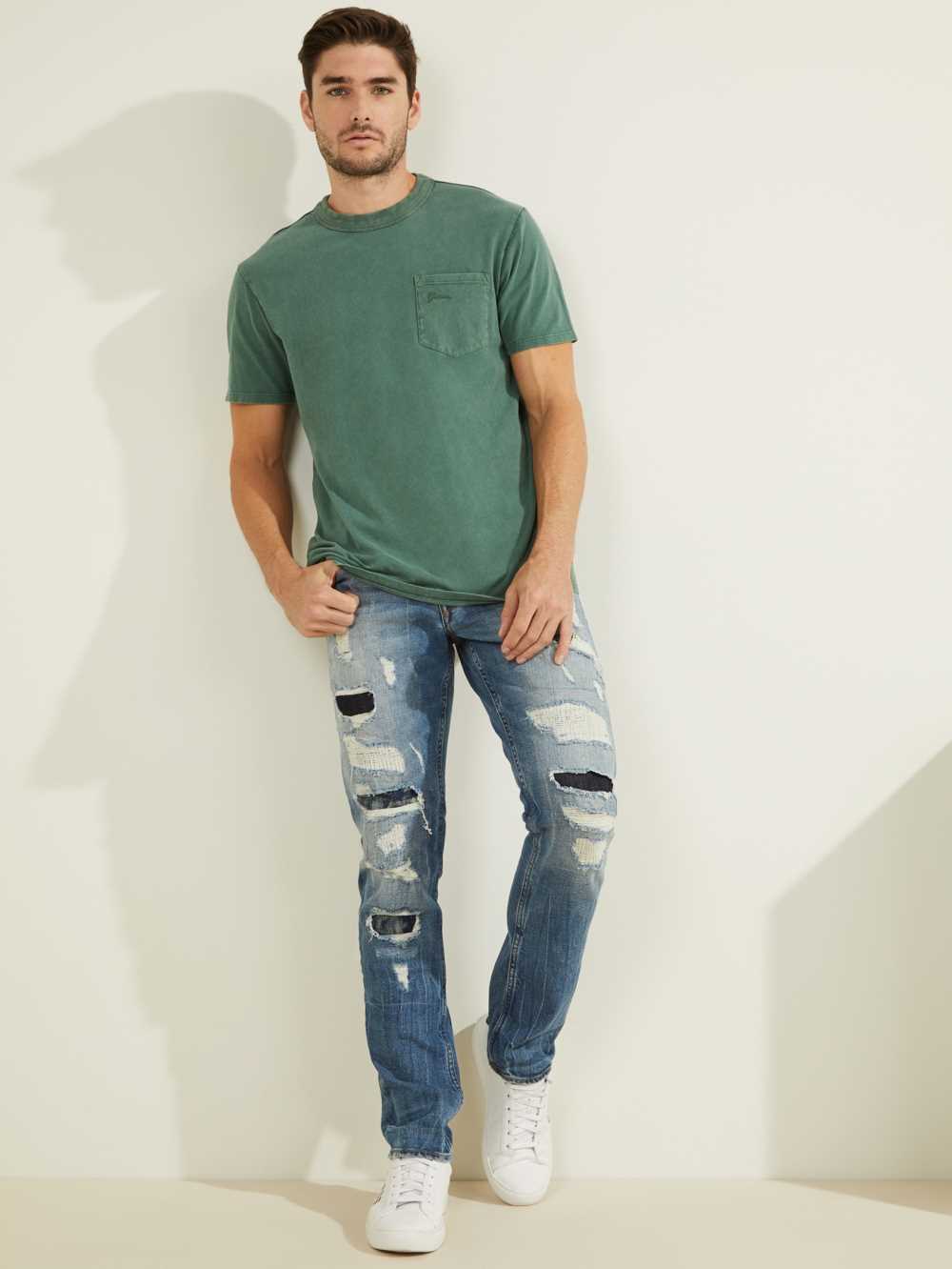 Turquoise Grey Multicolor Men's Guess Sueded Jersey T-shirt Australia Sale | 091XHGZFK