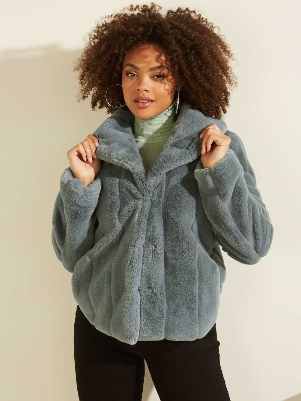 Turquoise Women's Guess Sophy Faux-Fur Jackets Australia Sale | 270SGKIXY