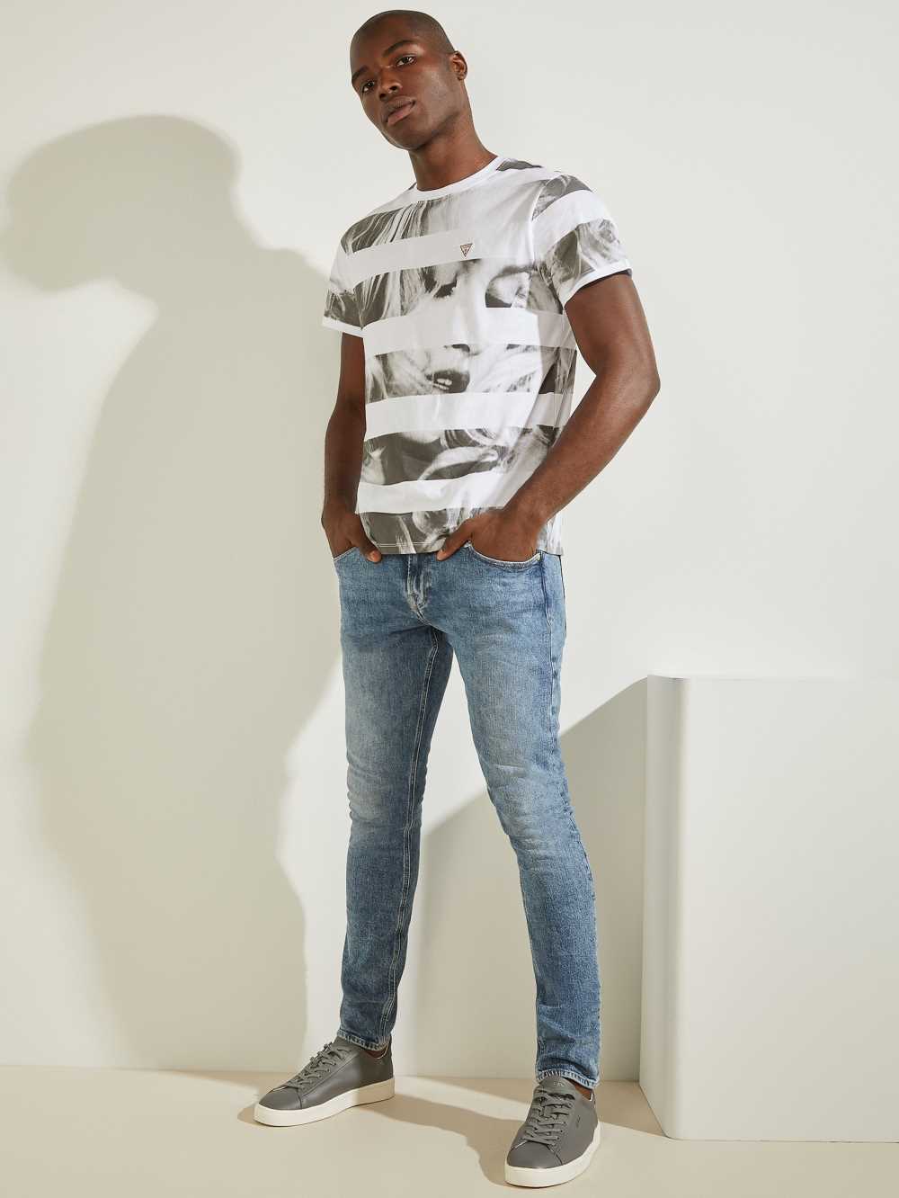 White Men's Guess Eco Striped Photo T-shirt Australia Sale | 470DYATPX