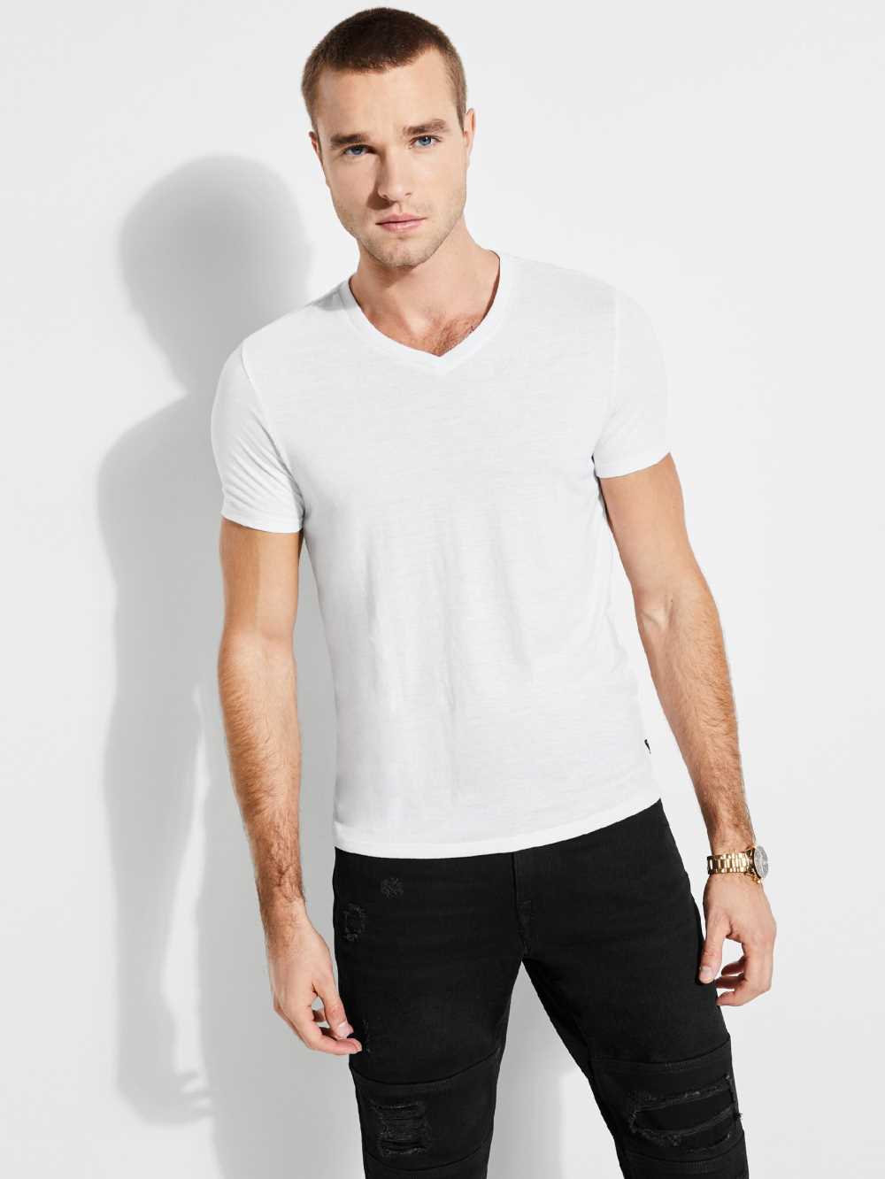 White Men\'s Guess Mason Yoke V-Neck T-shirt Australia Sale | 516EQURBX
