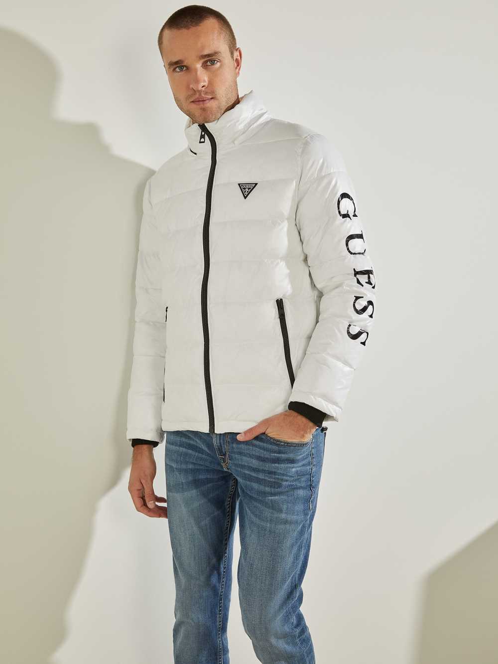 White Multicolor Men's Guess Anthony Logo Puffer Jackets Australia Sale | 549BURFID