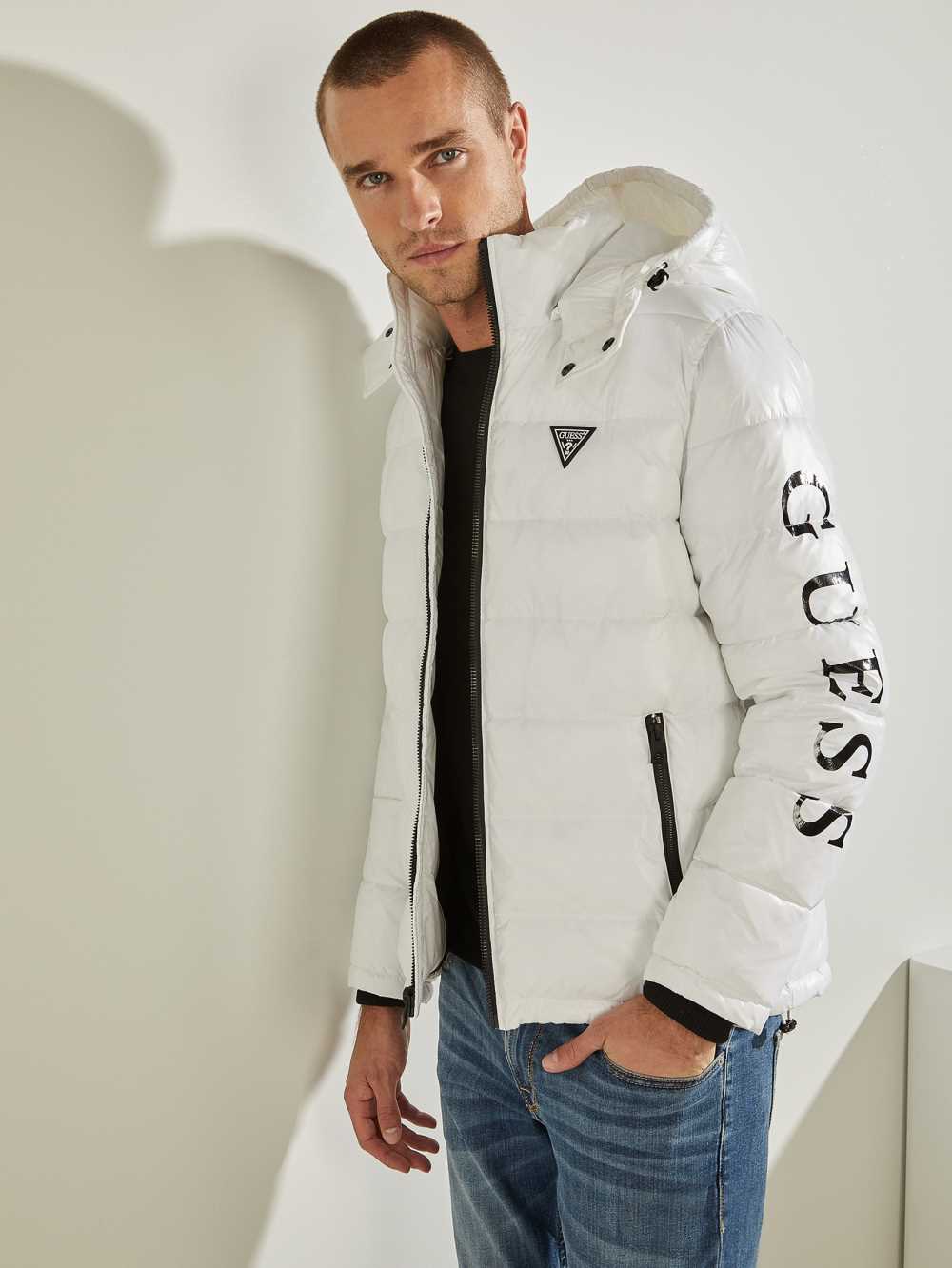 White Multicolor Men\'s Guess Anthony Logo Puffer Jackets Australia Sale | 549BURFID