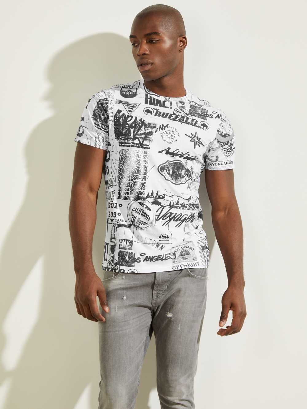 White Multicolor Men's Guess Eco Resort Collage T-shirt Australia Sale | 519JFTAHO