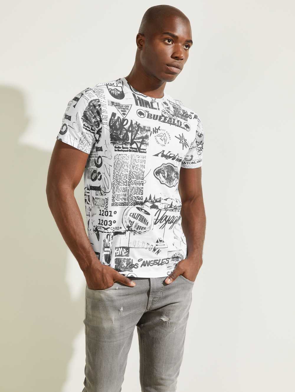 White Multicolor Men\'s Guess Eco Resort Collage T-shirt Australia Sale | 519JFTAHO