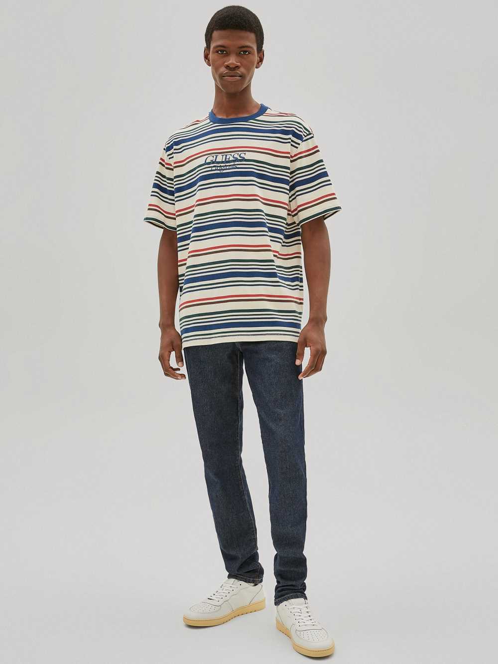 White Multicolor Men's Guess Originals Striped T-shirt Australia Sale | 082RHBFYA