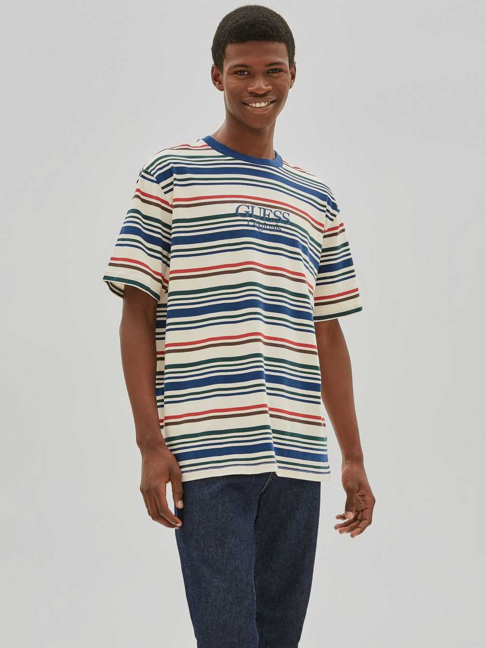 White Multicolor Men\'s Guess Originals Striped T-shirt Australia Sale | 082RHBFYA