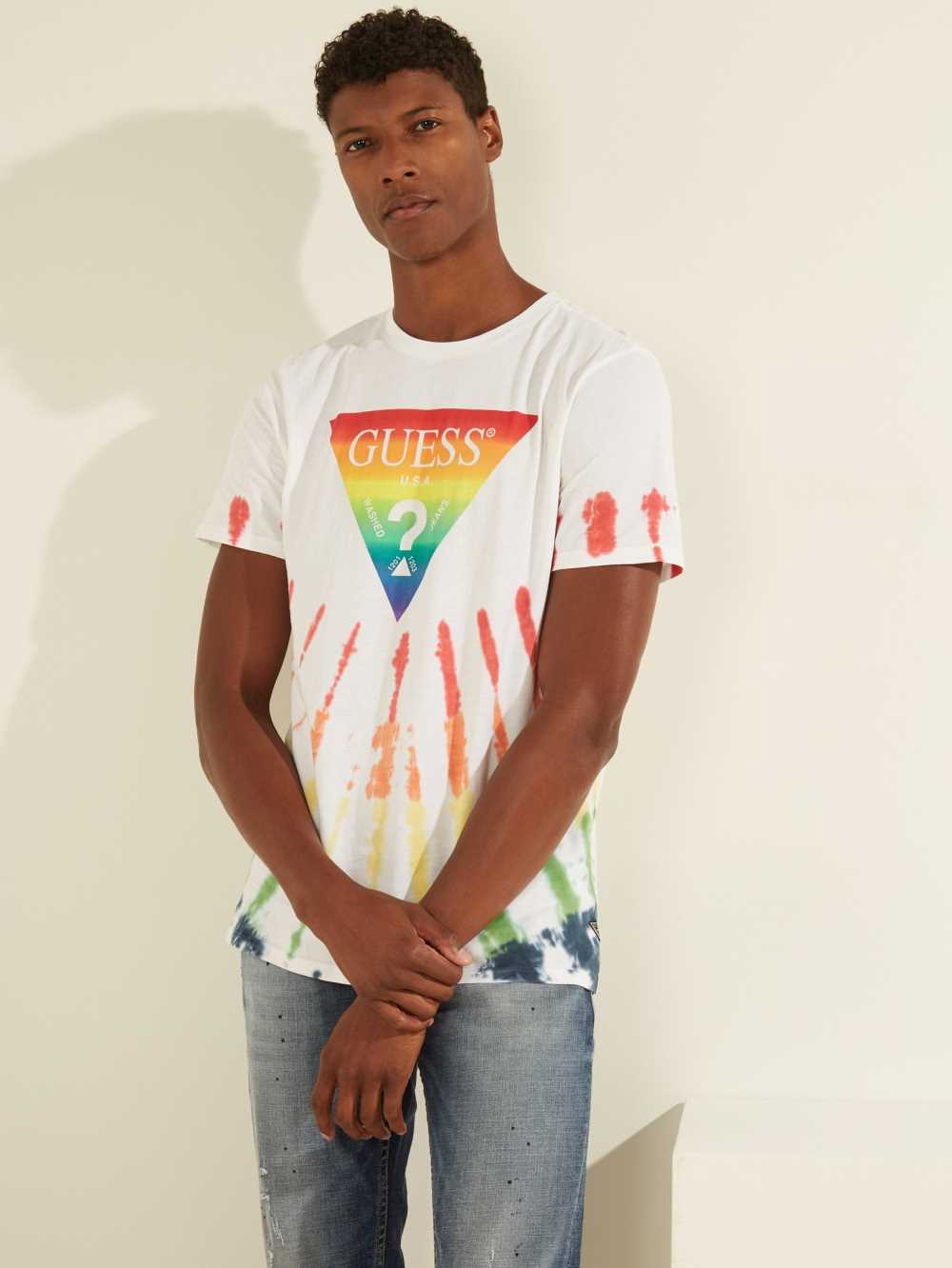 White Multicolor Men\'s Guess Rainbow Logo Tie-Dye T-shirt Australia Sale | 760MQUGWA