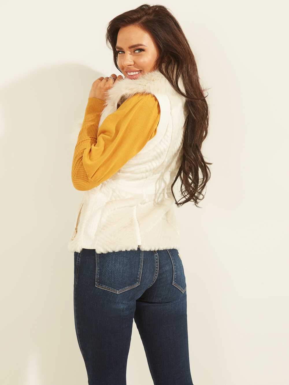 White Multicolor Women's Guess Faux-Fur Moto Vest Australia Sale | 758CZNQFT