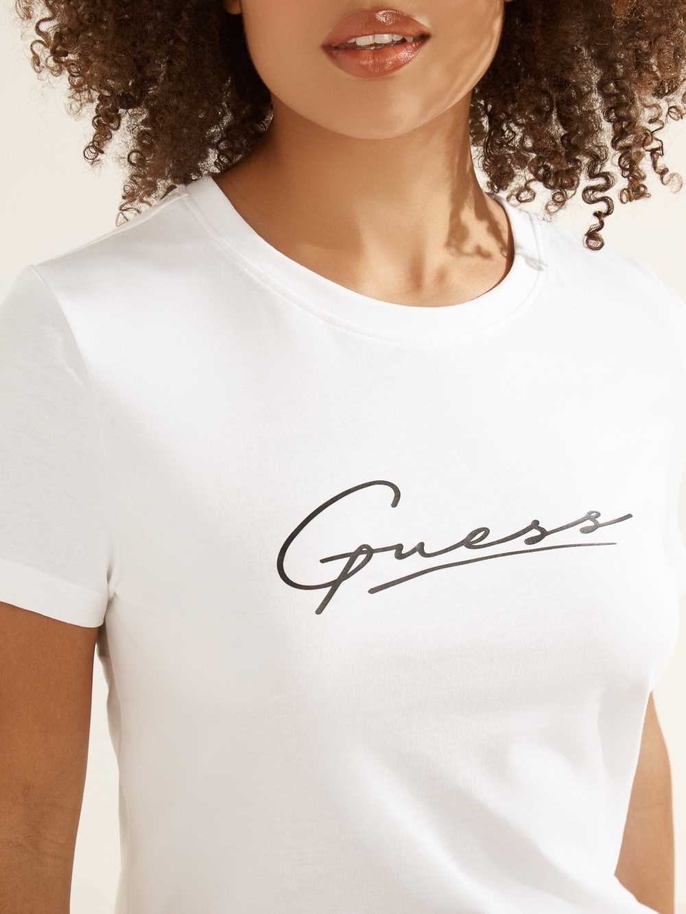 White Women's Guess Eco Amelia Logo T-shirt Australia Sale | 845BPKFXA