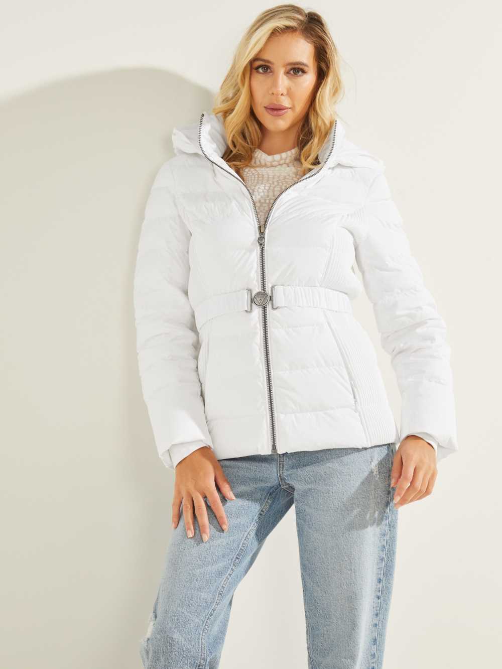 White Women's Guess Eco Claudiaed Down Puffer Jackets Australia Sale | 329PNMRSI