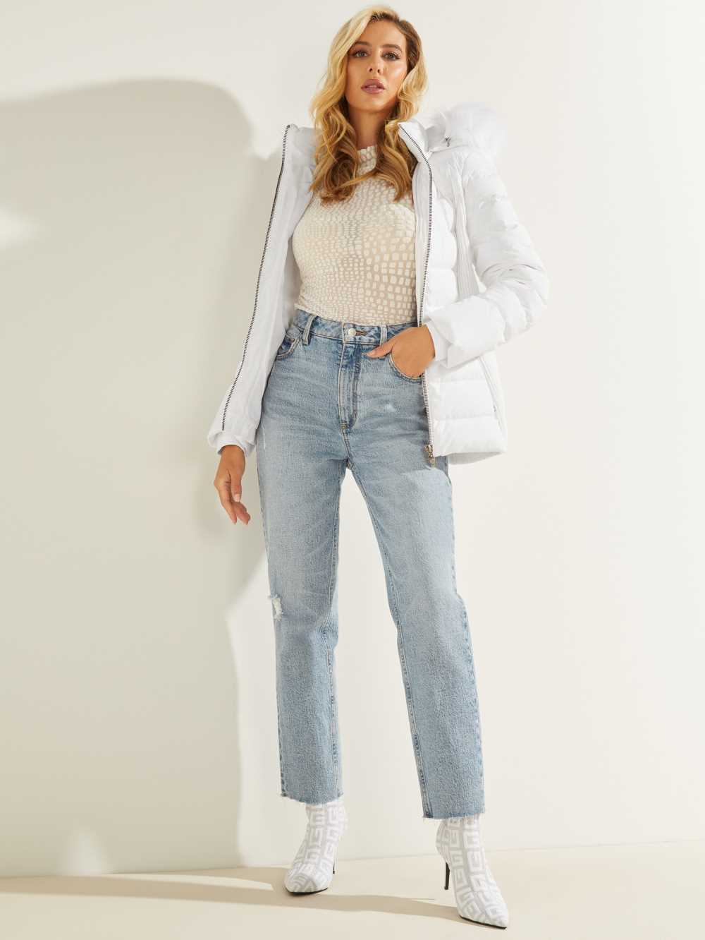 White Women's Guess Eco Claudiaed Down Puffer Jackets Australia Sale | 329PNMRSI