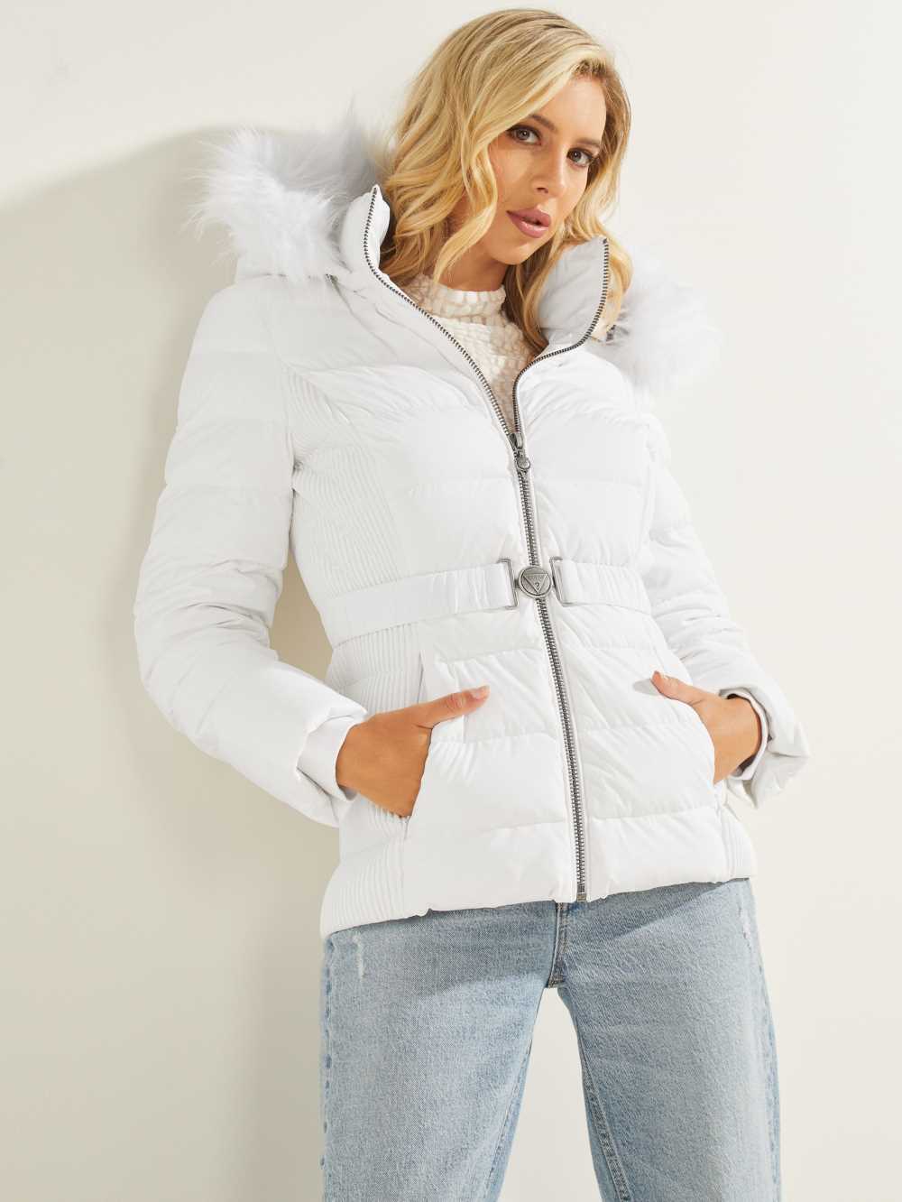White Women\'s Guess Eco Claudiaed Down Puffer Jackets Australia Sale | 329PNMRSI