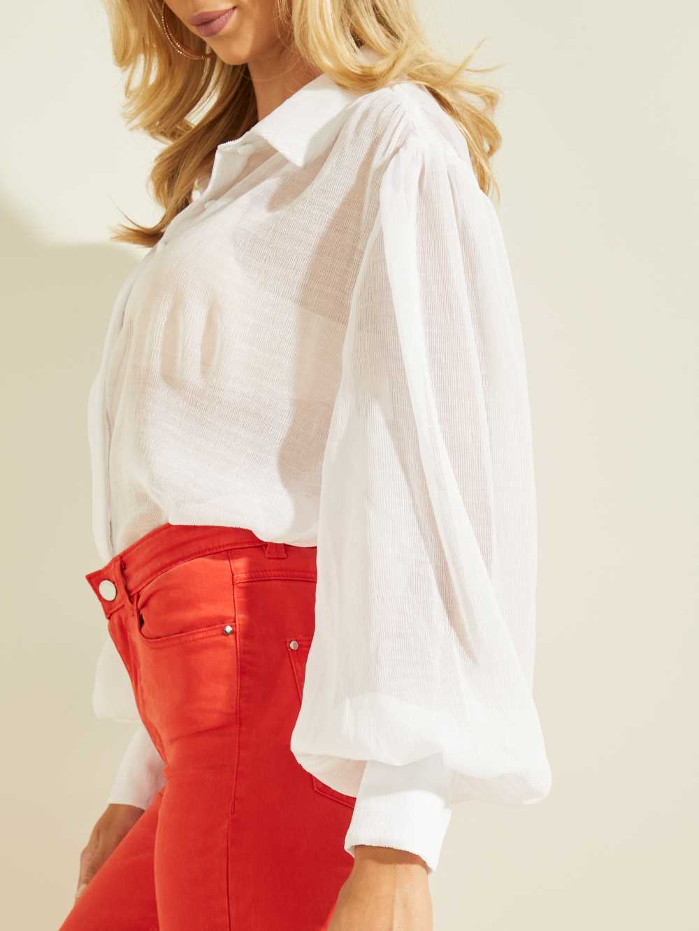 White Women's Guess Yora Sheer Blouse Australia Sale | 028YANSRT