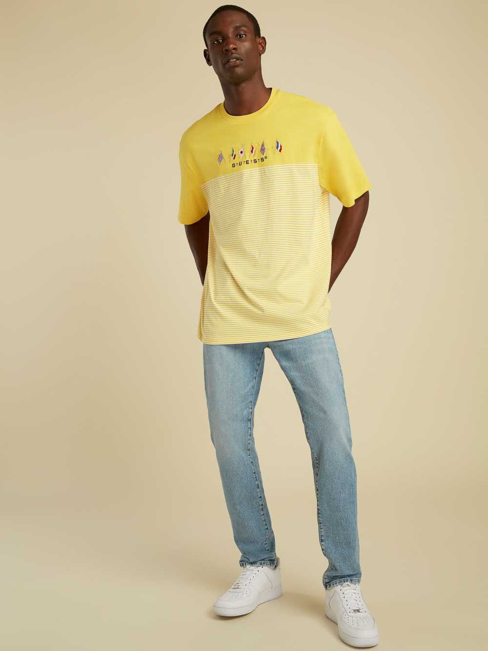 Yellow Men's Guess Striped Summer Games T-shirt Australia Sale | 375FKCWYU