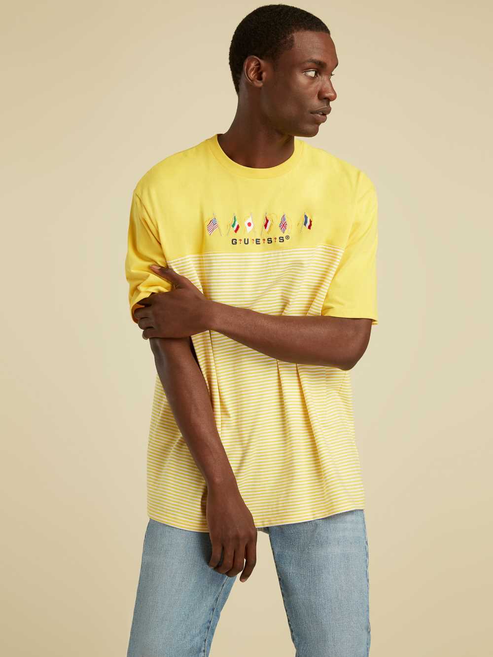 Yellow Men's Guess Striped Summer Games T-shirt Australia Sale | 375FKCWYU