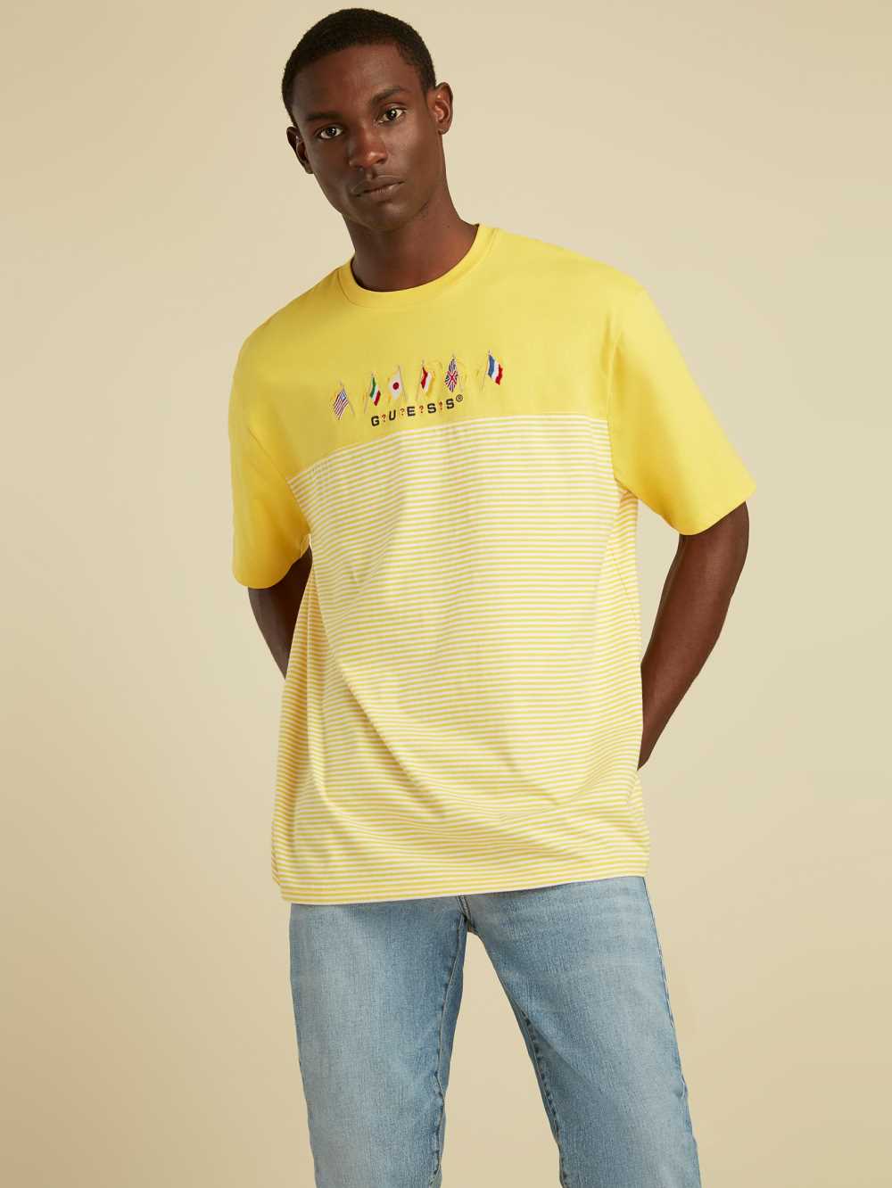 Yellow Men\'s Guess Striped Summer Games T-shirt Australia Sale | 375FKCWYU