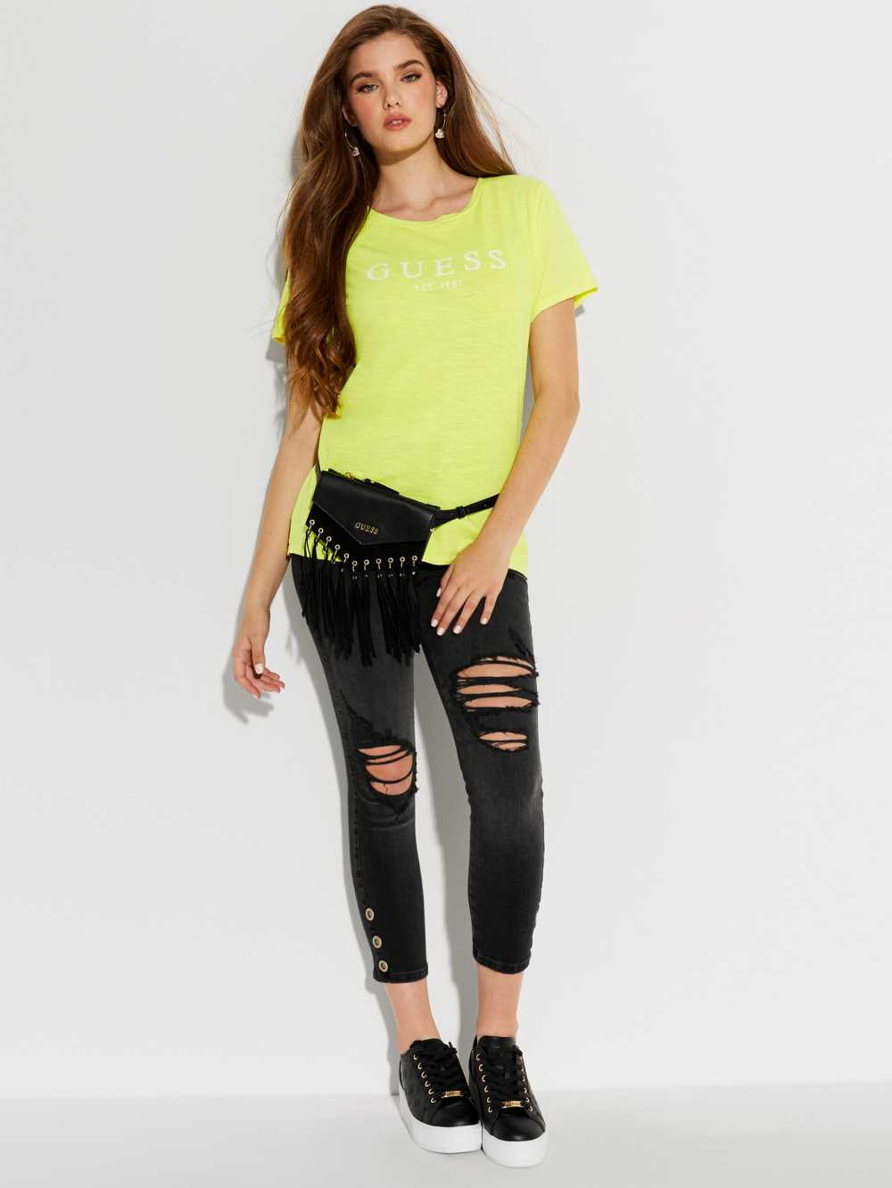 Yellow Multicolor Women's Guess Eco 1981 Rolled Cuff Logo T-shirt Australia Sale | 380ZDLFIR