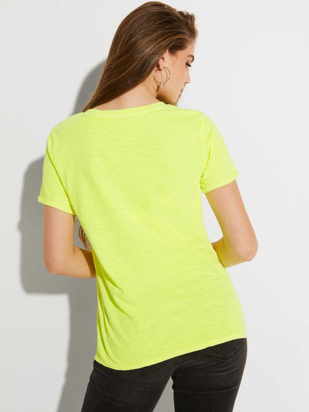 Yellow Multicolor Women's Guess Eco 1981 Rolled Cuff Logo T-shirt Australia Sale | 380ZDLFIR